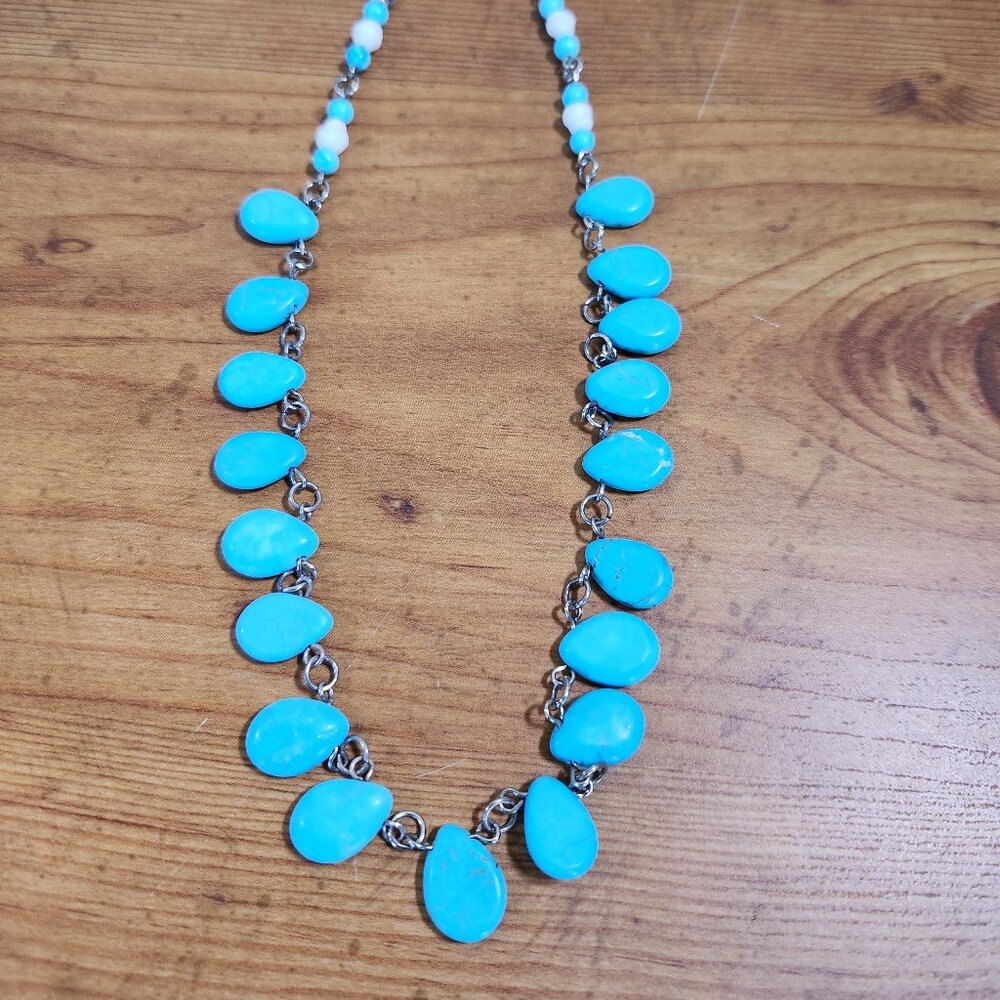 New Womens Turquoise  & Pearl Beads Silver Necklace
